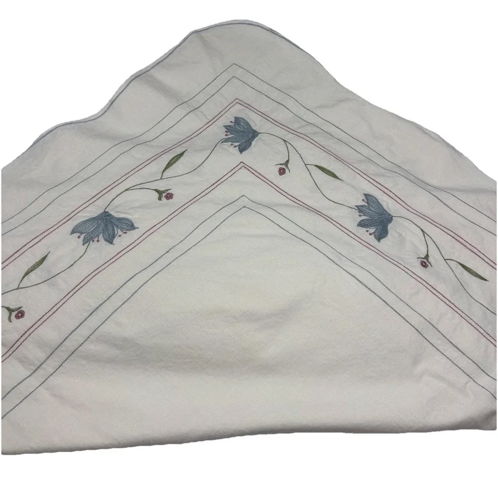 Tablecloth Vintage 48x66 Cream Embroidered Blue Flowers Rose & Blue Borders EUC
